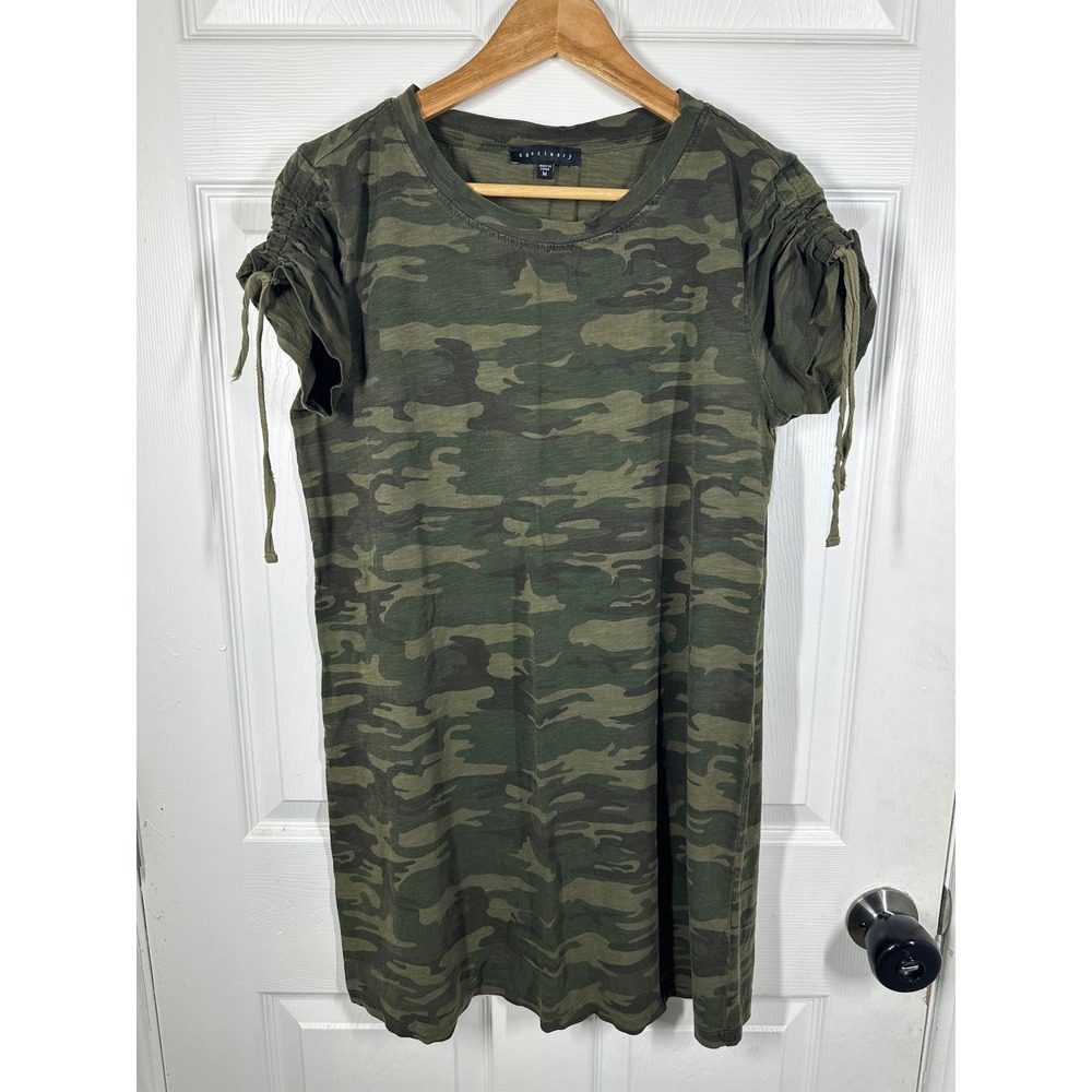 Sanctuary T-Shirt Dress Womens Medium Green Camo Cinched Sleeve Slub Knit Casual